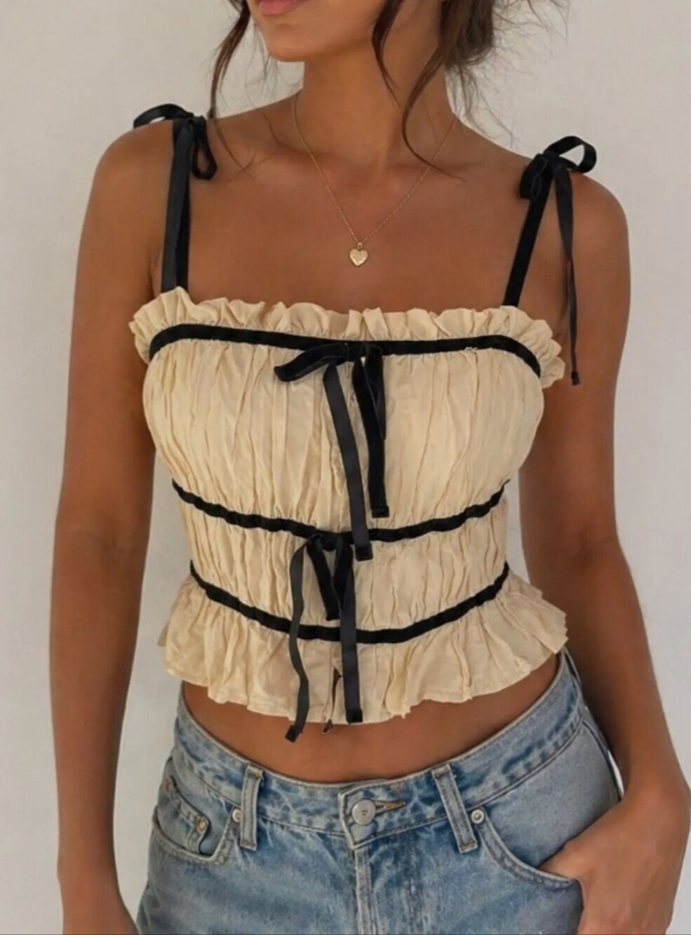 Beige Ruffle-Trim Tie-Front Cropped Camisole